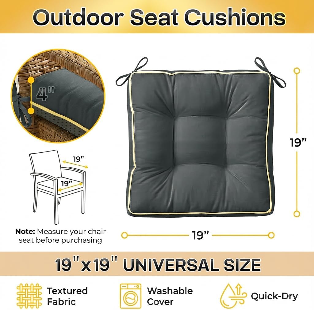 4 Pack 19x19 Inch Shredded Foam Chair Cushions with Straps - All-Season Seat Pads for Indoor/Outdoor Dining, Office, Patio, Kitchen Chairs (Gray, 19 INCH × 19 INCH)