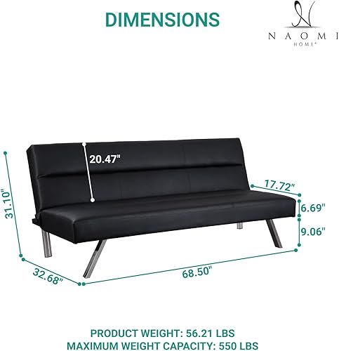 Miniatura 2 de Naomi Home Zoe - Sofá cama futón de piel sintética, moderno sofá cama plegable convertible con patas cromadas, mini sofá pequeño de cuero reclinable