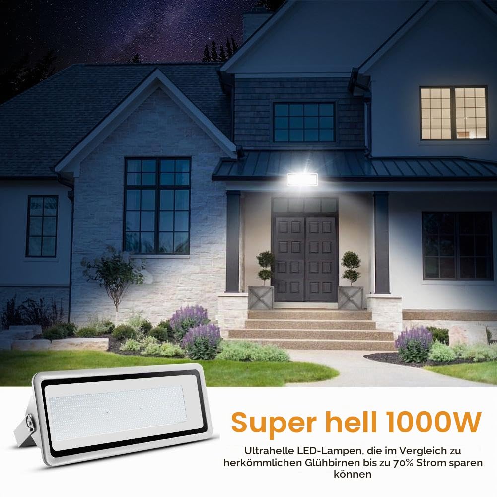 papasbox 1000W LED Strahler, 100000LM LED Fluter Flutlicht Außenstrahler, Superhell Kaltweiß Fluter 6500K, Ideale Wandleuchte Scheinwerfer Außenbeleuchtung für Garten, Garage, Hotel