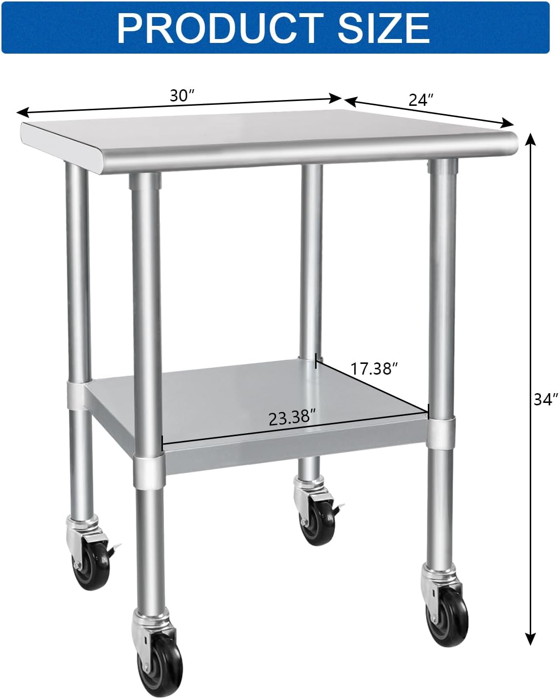 HARDURA Stainless Steel Table with Wheels 24 x 30 Inches Casters NSF Heavy Duty Commercial Work & Prep Table with Undershelf and Galvanized Legs for Restaurant Kitchen Bar and Hotel Garage