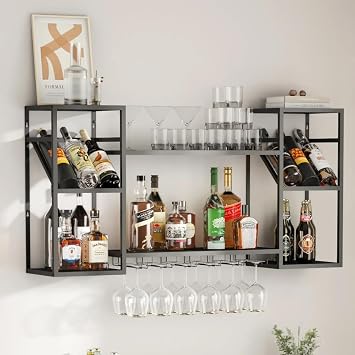 Black Bar Shelf with Integrated Glass Rack for Liquor Display | Organize Bottles & Glassware in Apartment Bars, Kitchens or Lounges. Minimalist Wall Decor. Maximizes Vertical Storage Space