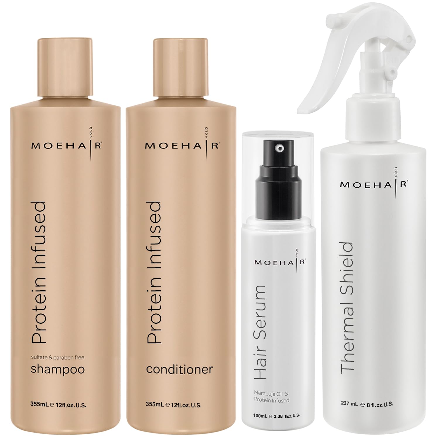 MOEHAIR Protein Infused Shampoo (12 Fl Oz), Conditioner (12 Fl Oz), Thermal Shield (8 Fl Oz), Hair Serum (3.38 Fl Oz) | Nourishes, Strengthens, And Protects | Boosts Shine | Sulfate And Paraben-Free