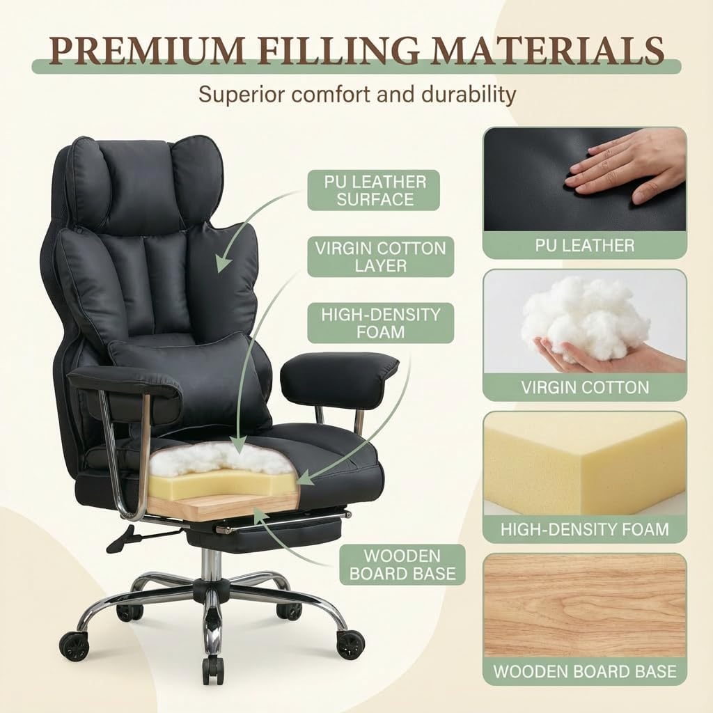 Big and Tall Office Chair 400lbs - Heavy Duty Executive Desk Chair with Footrest, High Back PU Leather Ergonomic Computer Chair with Extra Wide Seat & Thick Cushion for Home Office (Black) image 3