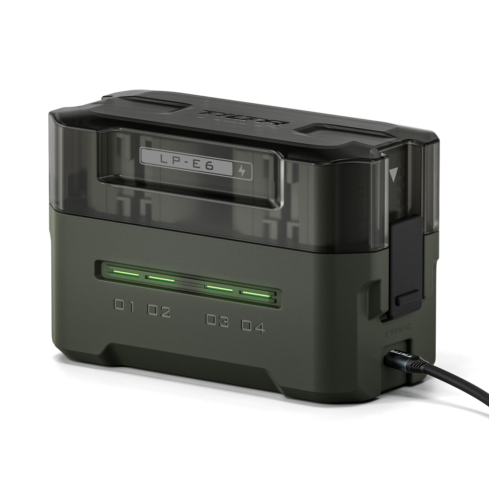 Tilta LP-E6 Caricabatterie Custodia di Ricarica a 4 Canali Compatibile con Batterie LP-E6, Stazione di Ricarica Portatile - Verde TBC-E6-GN