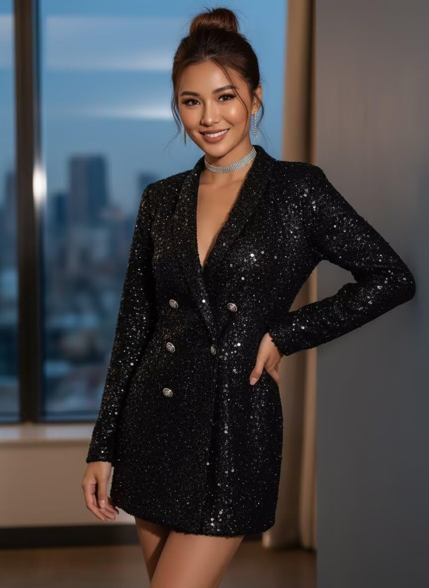 Sequin Blazer Dress for Women Sexy Elegant V Neck Bridesmaid Blazer Dress Long Sleeves Sparkly Dresses for Prom