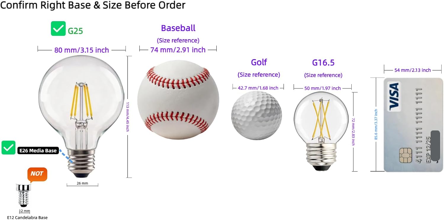 G25 LED Globe Light Bulbs, Dimmable 40W Equivalent CRI 90+, E26 Base, Warm White 2700K, Edison Vanity Light Bulbs for Bedroom, Kitchen, Vanity, Mirror Vintage, Round Clear Glass, 6 Pack image 2