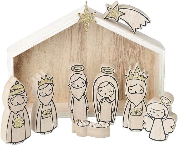 Wooden Nativity Set of 9 – Christmas Tabletop Nativity Scene with Stable and Figures – Traditional Decoration 23cm