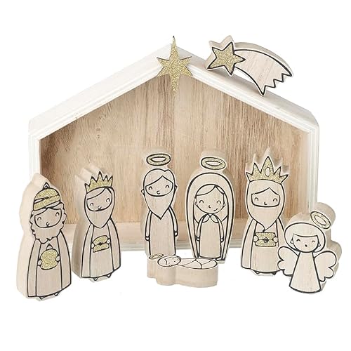 Heaven Sends Men's Pine Wooden Nativity Set Of 9 – Christmas Tabletop Nativity Scene With Stable And Figures – Traditional Decoration 23Cm