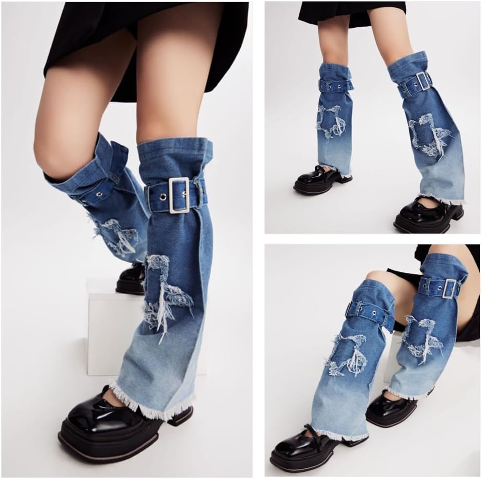 Harajuku Distressed Crosses Star Jeans Leg Warmer Punk Adjustable Strap Buckled Leg Covers Flared Long Socks for Women