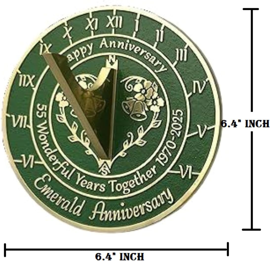 '55th Emerald Wedding Anniversary' 1970-2025 Metal Home Decor Sundial | Garden Present Idea for Couple Him Her Parents Handmade Anniversary 55 Year Celebration Sundial 6.4" Green