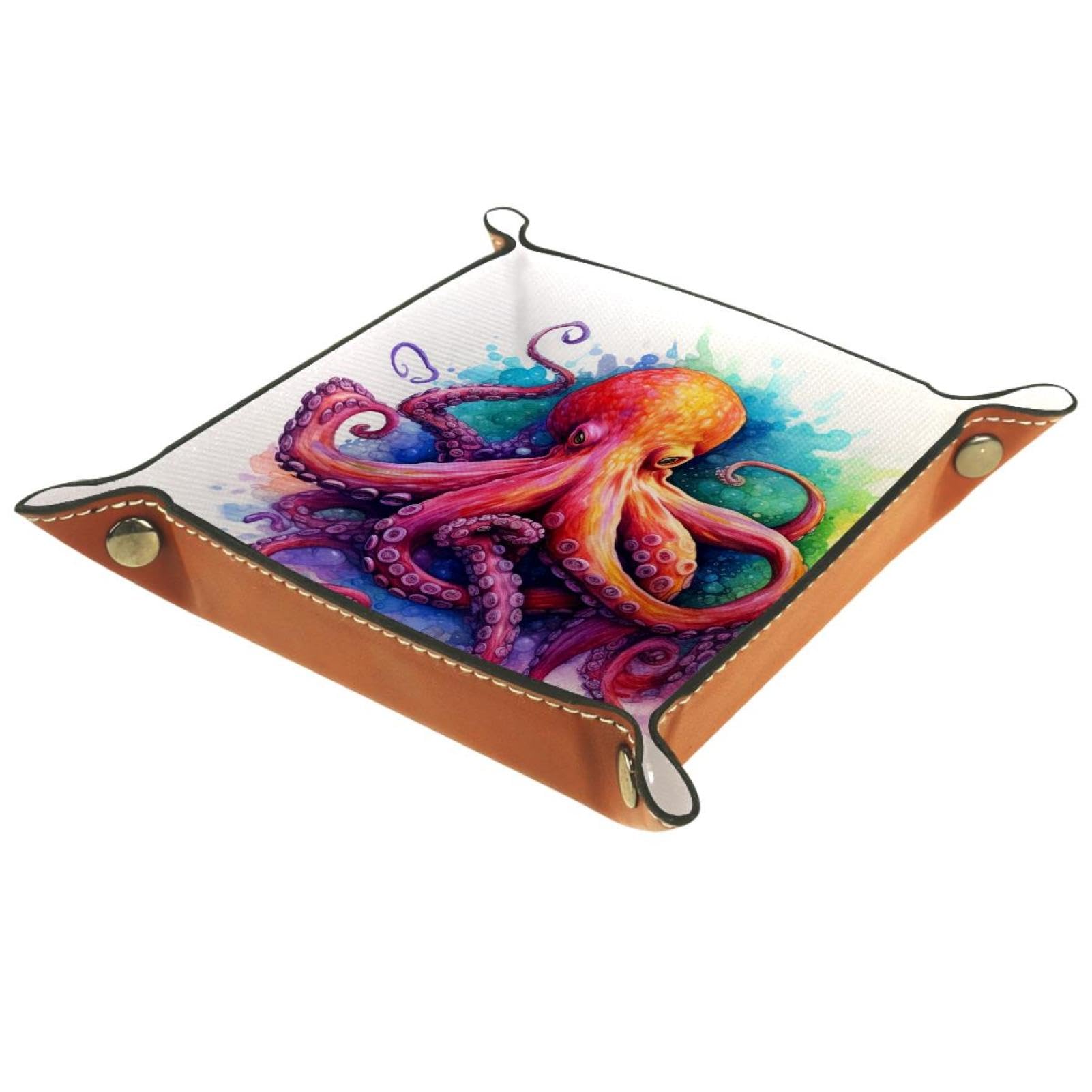 Watercolor Octopus Colorful Folding Rolling Brown Leather Valet Catchall Organizer, Stylish and Functional Jewelry Tray, 16x16cm, snh-001