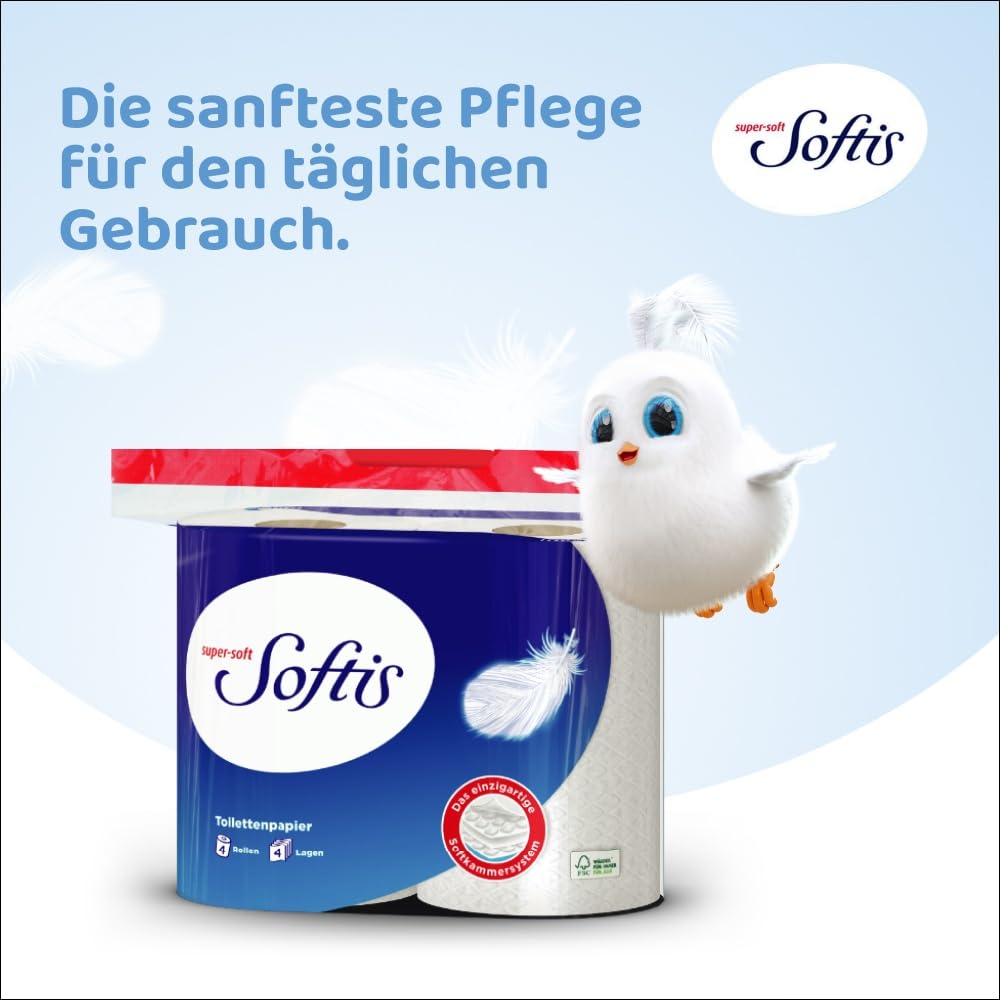 Softis 4-lagiges Toilettenpapier | 45 Rollen-Packung (5 x 9 Einzelpackungen) | 100 Blatt pro Rolle | Einzigartiges Softkammer-System | Recyclebare Verpackung | FSC-zertifiziertes Papier