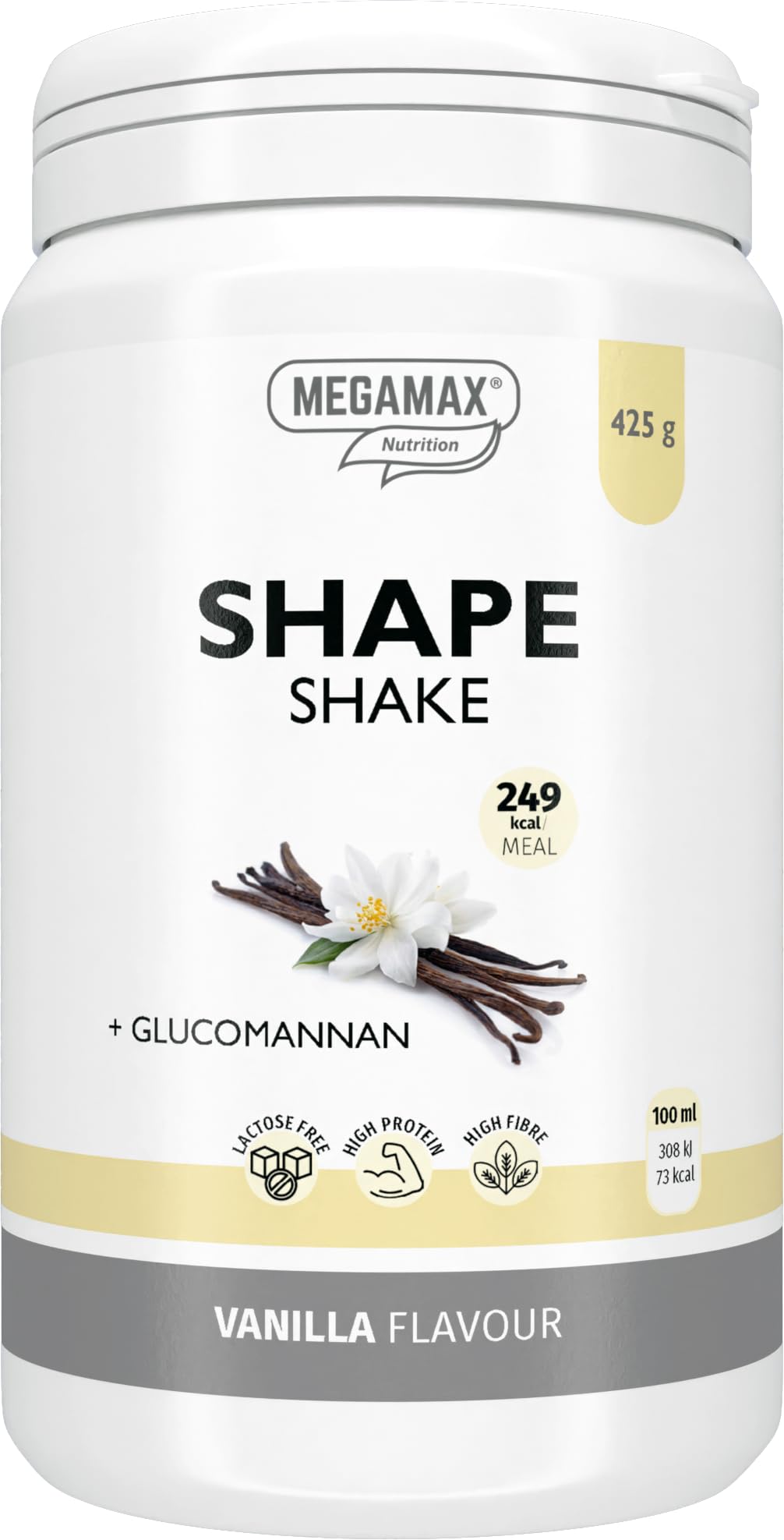 MEGAMAX Shape Shake Vanille - Abnehm Drink mit 27 g Highprotein - Mahlzeitersatz mit Glucomannan - Shake mit Vitaminen & Mineralstoffen - 425 g Pulver - geeignet bei Gewichtsmanagement