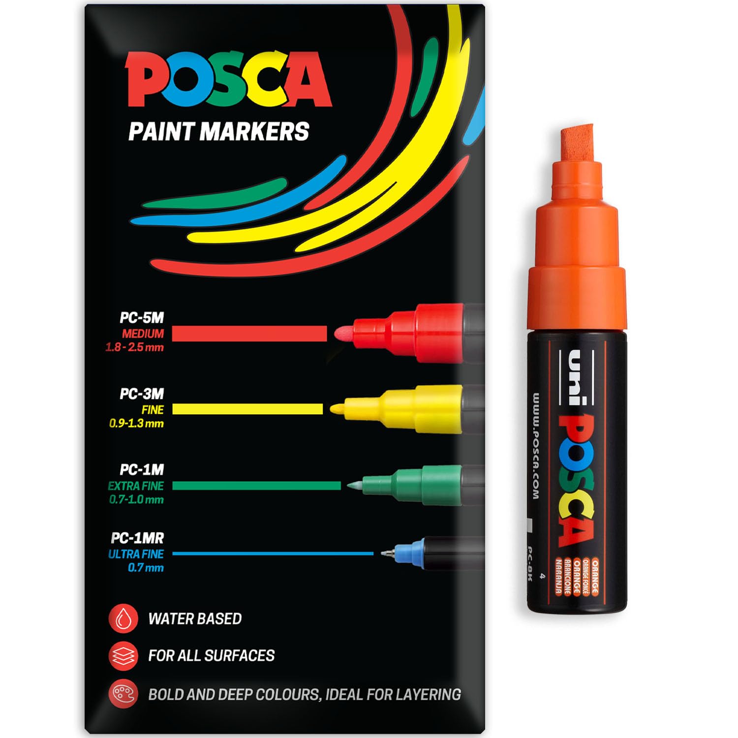 Posca Water Based Acrylic Paint Marker Pens | Multi Surface Use Permanent Paint Pen | Pack of 1 in Envelope Gift Packaging | Glass, Fabric, Wood etc | Chisel Tip PC-8K, Orange