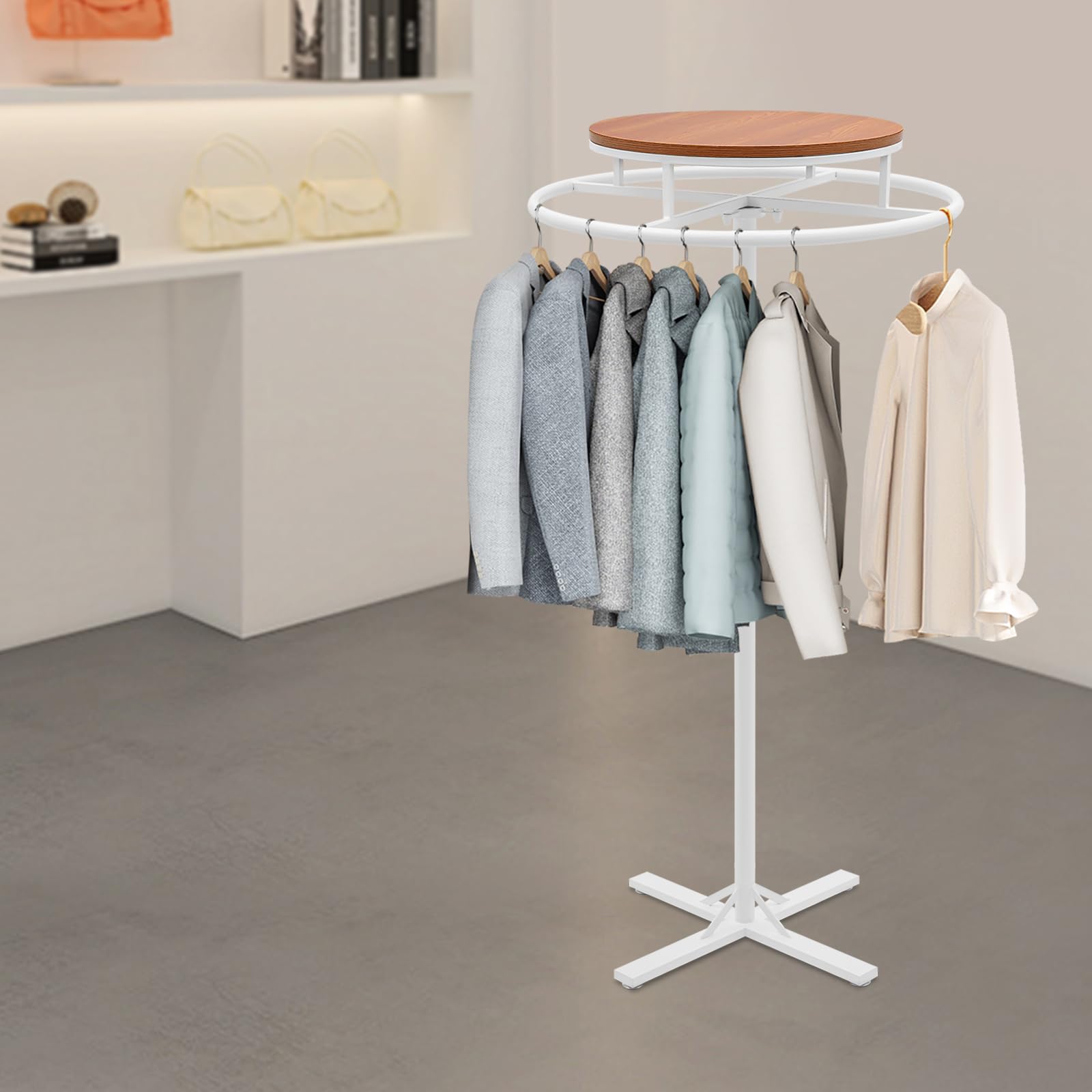 kunghei 28 * 51 inch Retail Clothing Garment Racks with Display Table, White 360° Rotatable Floor-Standing Clothes Storage Rack for Bedrooms Boutiques Retail Commercial Shop Laundry Room