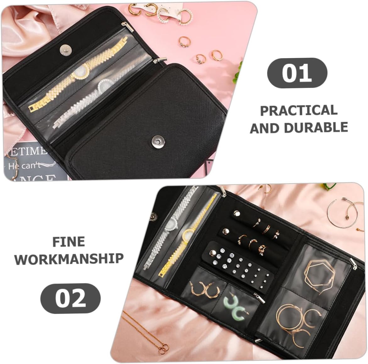 Foldable Travel Jewelry Organizer Case Small PU Jewelry Storage Roll Bag Pouch for Rings Earrings Necklaces Portable Travel Bag with Soft Interior and Scratch Protection