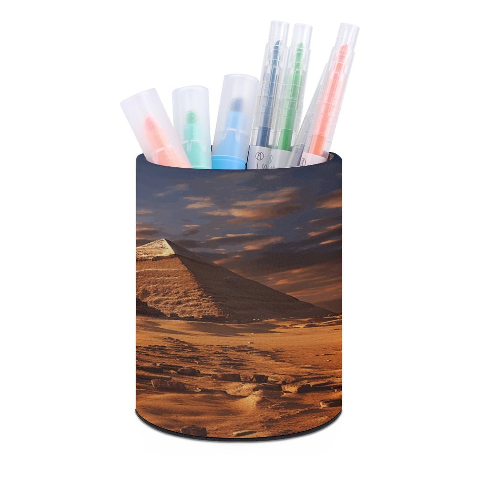 FekiLoot PU Leather Round Pen Holder Egyptian Pyramids Pencil Holder Desk Organizer Pen Organizer Pen Cup Pencil Cup Caddy Desktop Stationery Organizers for Office Home Supplies