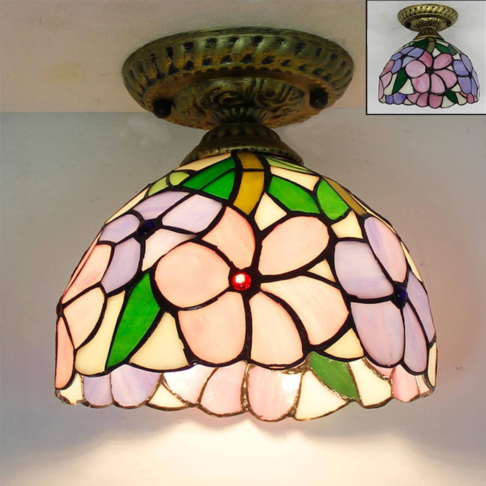 Chao Zan Style Ceiling Light Stained Retro Stained Glass Bowl Shade Ceiling Lamp, Metal Decoration Hallway Ceiling Lighting Fixtures Lamps Flush Mount Antique Design Handcrafted (B)
