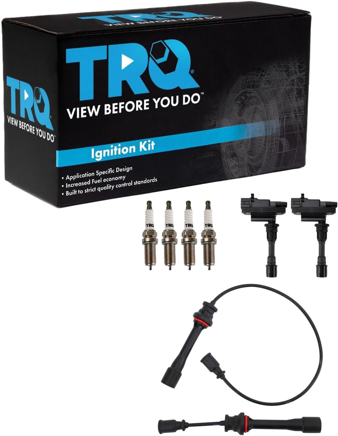 TRQ Ignition Coil and Spark Plug Kit 7 Piece Spark Plug Wire Set Iridium Spark Plugs Compatible with 2001-2005 Mazda Miata