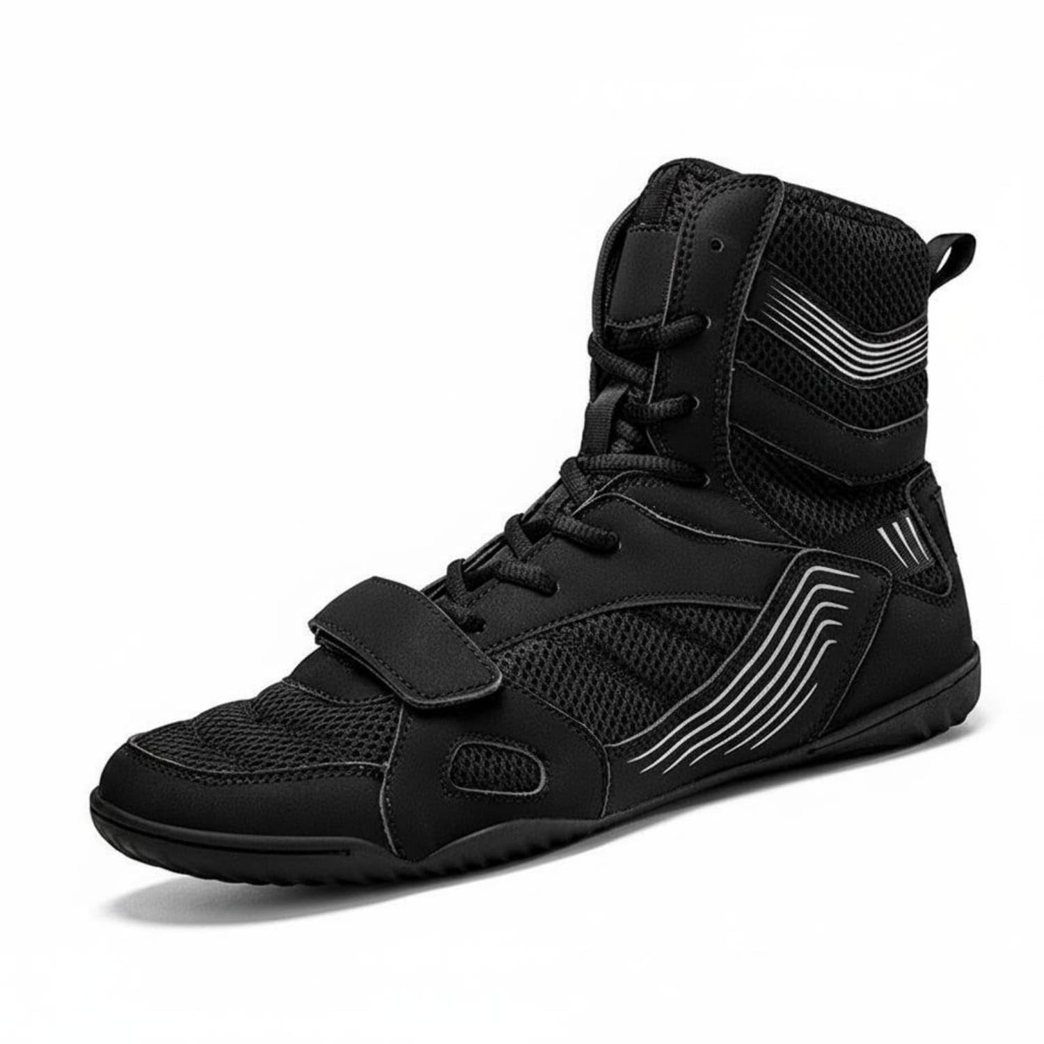 Breathable Mesh High-Top Boxing Shoes Hook-and-Loop Strap High Top Boxing Shoes Grippy Outsole Sports Footwear Synthetic Overlays, Black, 43-image-5