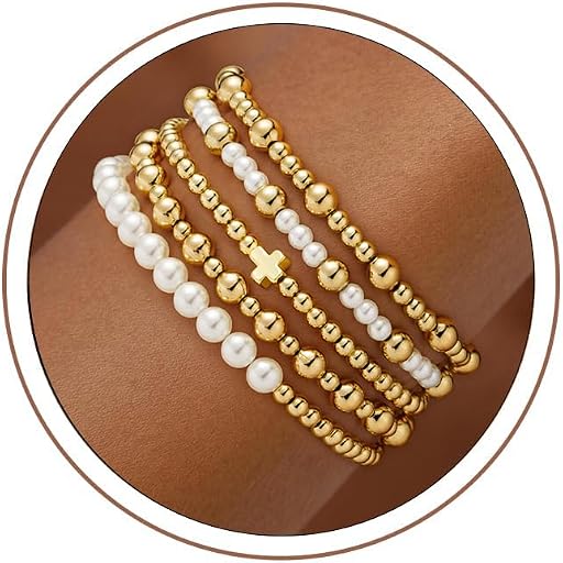 5PCS Gold Beaded Bracelets for Women Teen Girls, 14K Gold Plated