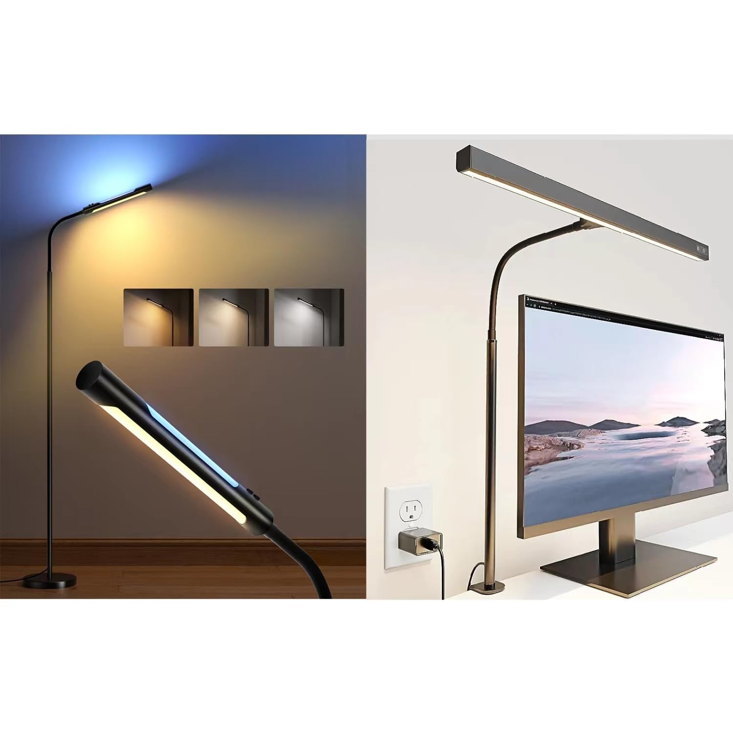 SUPERDANNY LED Desk Lamp & Double Side LED Floor Lamp, RGB Atmosphere & Dimmable Bright Light with 3000K-4000K-6500K Color Temps, Adjustable Gooseneck, Standing Modern Lamp for Reading, Living Room