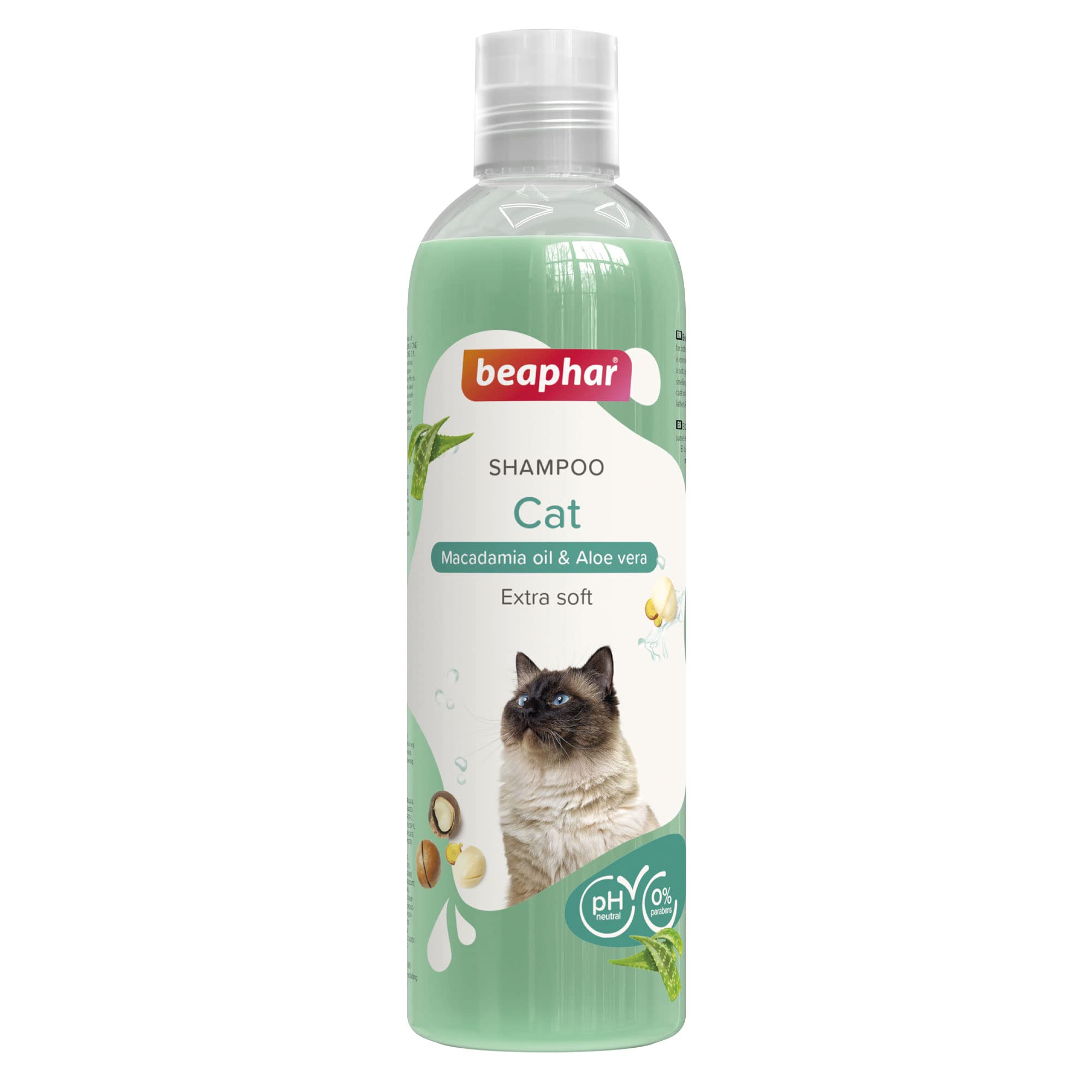 Beaphar Champú Gatos 250ml – Extractos Naturales de Aloe Vera y Aceite de Macadamia – Cuida y Protege su Piel y Pelo –Apto para Gatos con Todo Tipo de Pelo - Vegano - pH Neutro – 250 ml