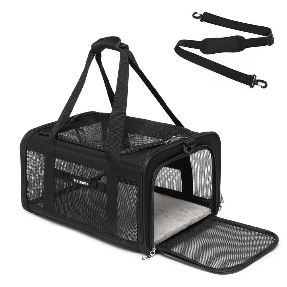 Airline Approved Pet Carrier for Cats and Small Dogs up to 15 lbs, Breathable Mesh and Collapsible Design, Portable Travel Bag for Bearded Dragon, Puppies Animal Hangbag, Rabbit Cage (Black, Small)