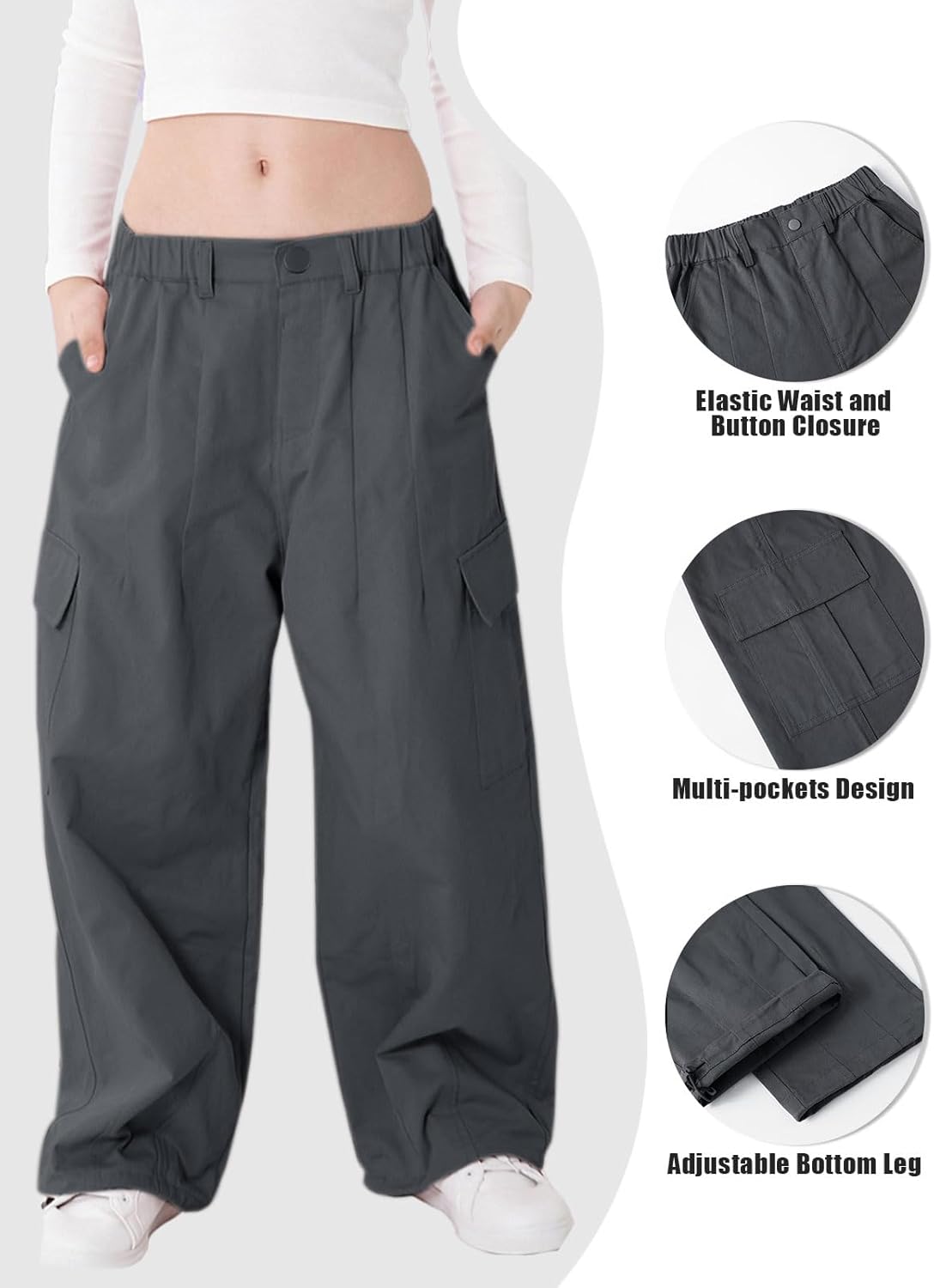 Rolanko Girls Cargo Pants Wide Leg Streetwear Kids Pants with Pockets Trendy Jogger Trousers 4-14 Years - Image 5