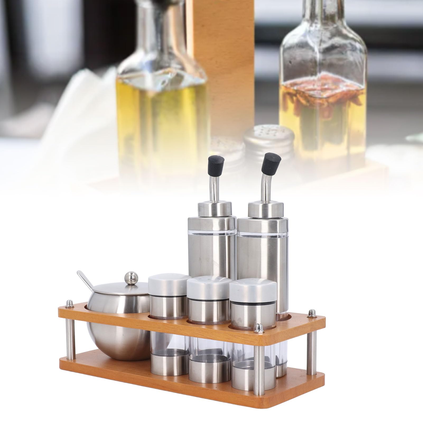 Küchen-Gewürzspender-Set mit Holzsockel, 5 Öl-Essig-Spenderflaschen aus Edelstahl und Gewürzglas mit Löffel, Salz-Zucker-Behälter, Tisch-Gewürz-Organizer