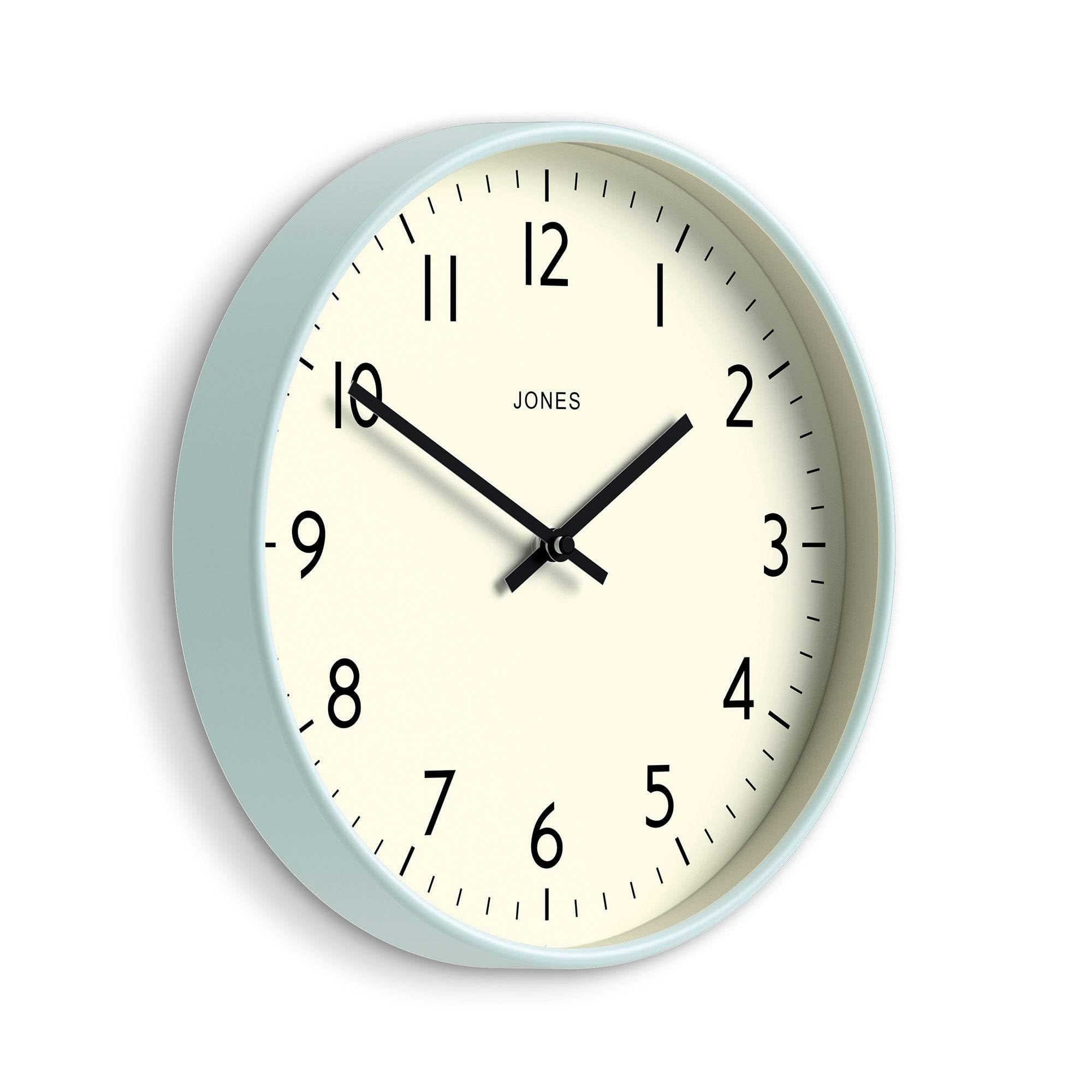 Jones Clocks Clear Blue Jones Clocks® Studio Wall Clock | Modern Round Style | 30Cm | Pale Blue | Easy To Read Numbers | Versatile Design For Kitchen, Living Room Or Office