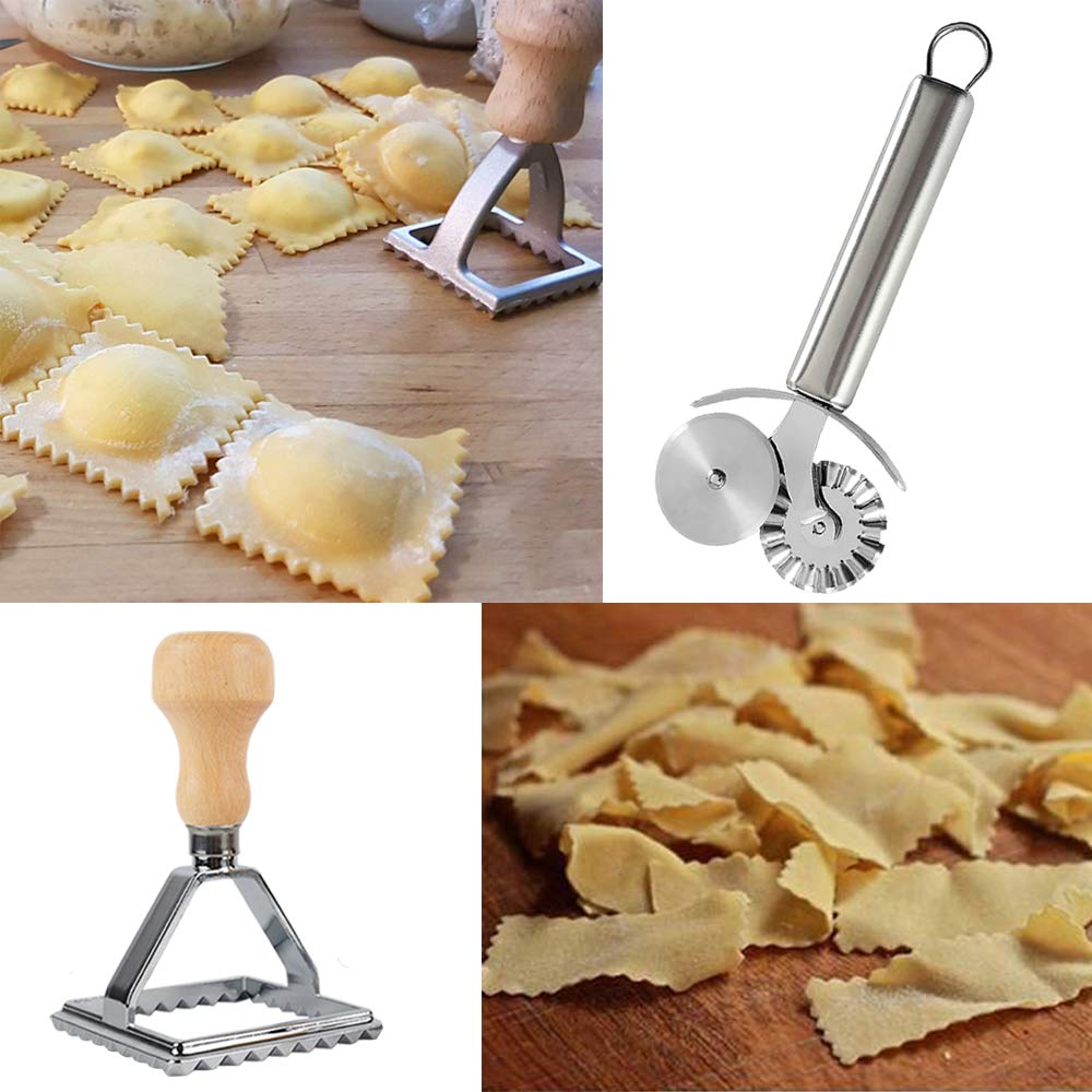 Ravioli-Stempelset – 1 Runde & 1 Quadratische Form + Rollrad – Aus Alu Mit Holzgriff