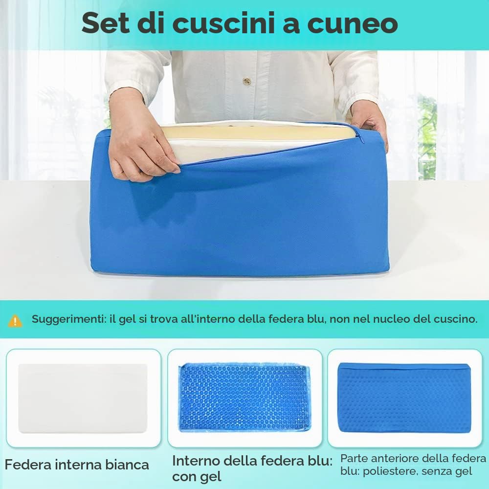 Cuscini a cuneo per letto per dormire Cunei in gel Posizionatori per il corpo Cuscino a cuneo inclinato di 30 gradi per adulti, dolore alla schiena, cuscino per gambe rialzate in