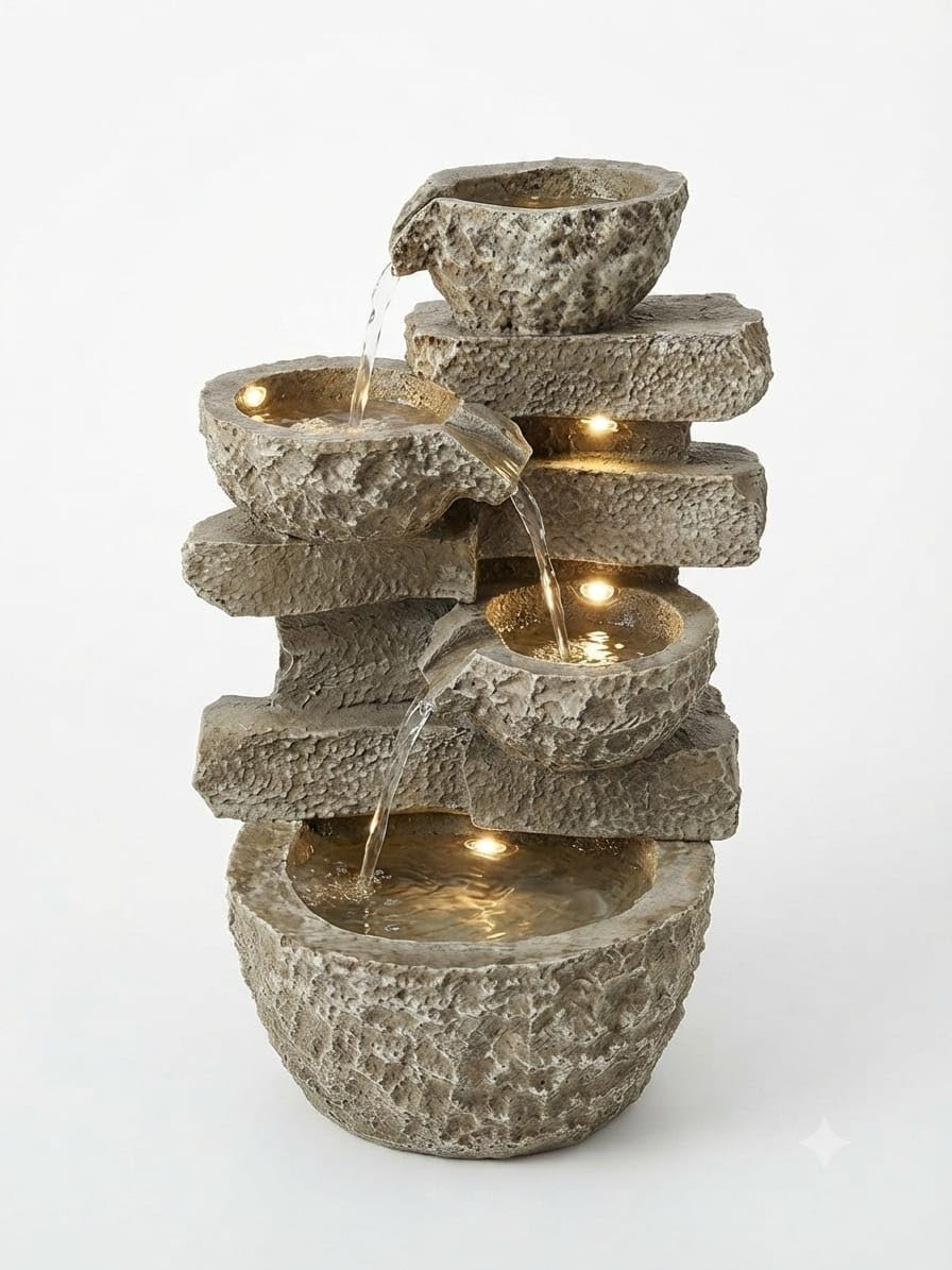 4-Tier Cascading Tabletop Water Fountain with Warm LED Lights & Natural Stone Look Bowls – Indoor/Outdoor Water Feature for Home, Office, Garden Decor (33 cm Height)-image-27