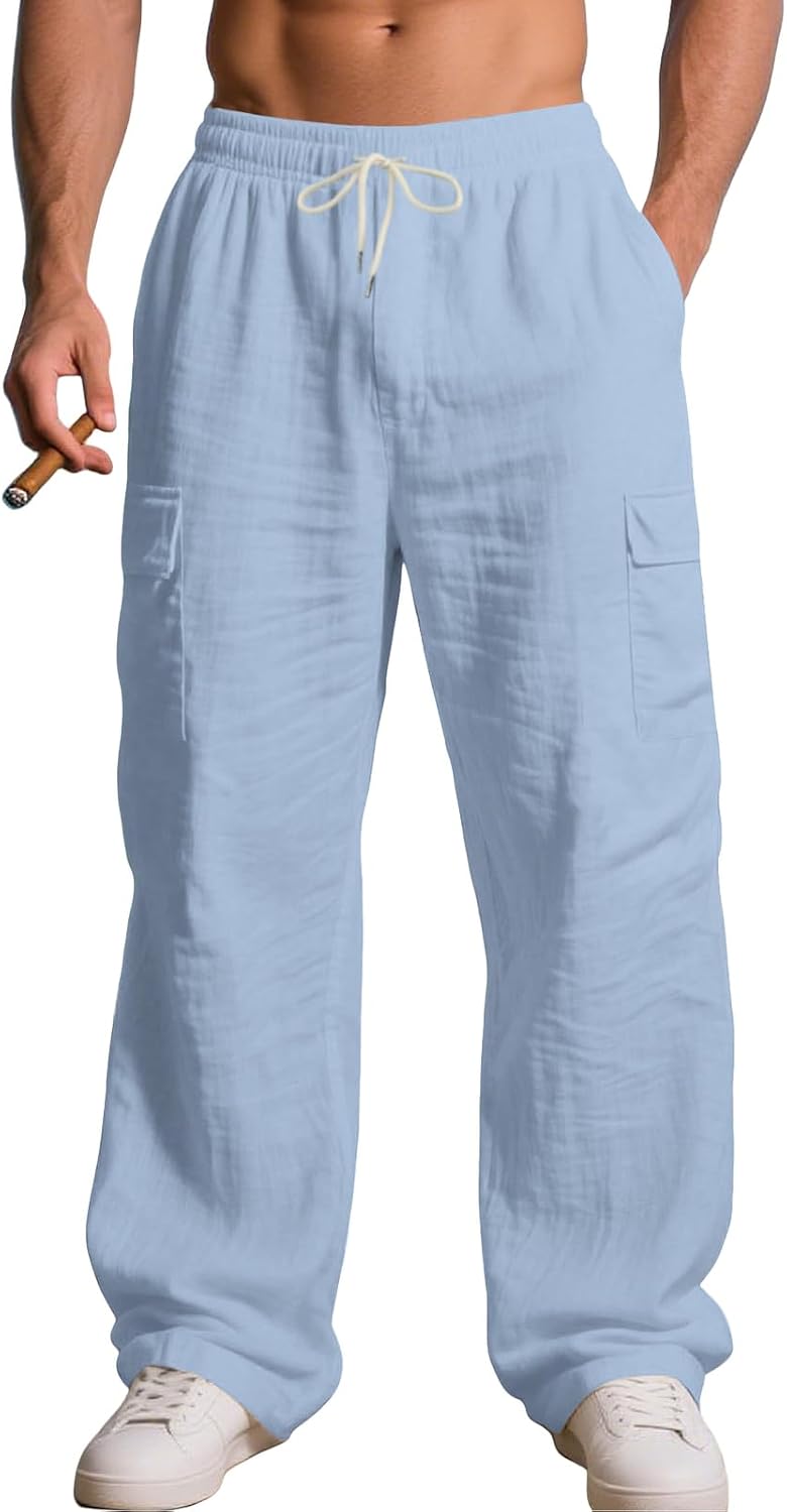 Men's Cargo Pants Fashion Linen Pants Workwear Multiple Pockets Loose Fit Wide Leg Breathable Long Trousers
