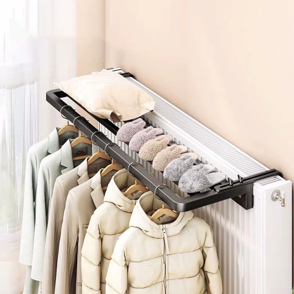 Stendibiancheria per termosifone, 40 x 25 cm, in acciaio al carbonio, regolabile, 0-16 cm, montaggio a parete, per tubi di riscaldamento 100 kg (nero)