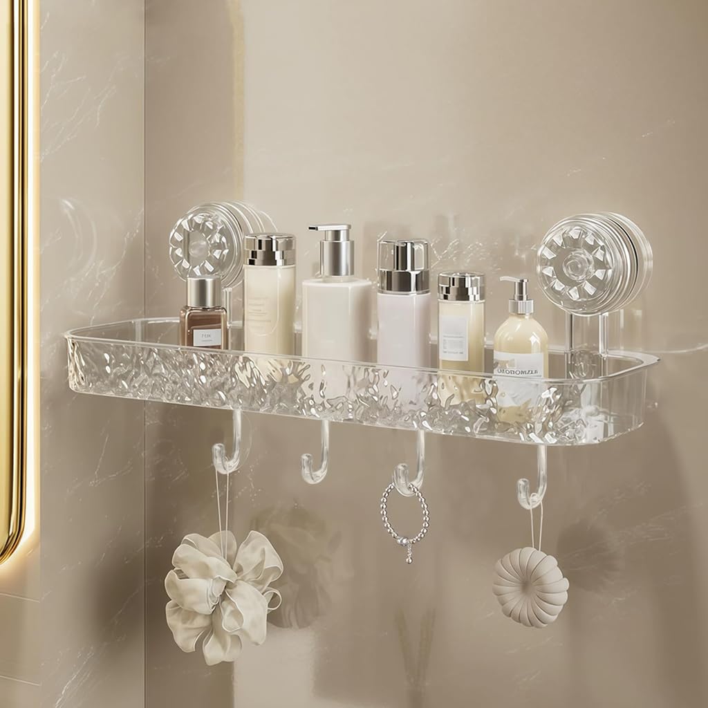 HASTHIP® Bathroom Toiletries Organizer Tray Wall Mounted Suction Cup Storage Rack with 4 Hooks, Slotted Open for Quick Drainage, Fashion Clear Textured Wall Storage Tray - Image 7 thumbnail