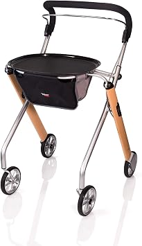 Stander Lets Go Indoor Rollator, Lightweight Four Wheel Euro Style Walker with Tray, Folding Mobility Aid for Seniors by Trust Care, Beech