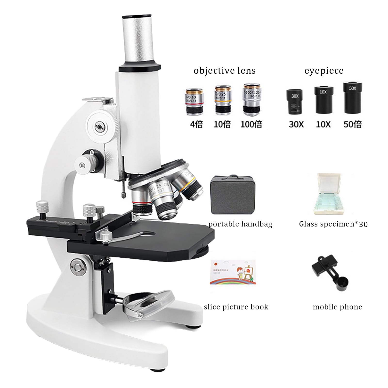 Mikroskop optyczny (70000X/100000X/150000X), mikroskop biologiczny, z 10 okazami + uchwyt na telefon komórkowy, pięciootworowy ściemniacz, do laboratorium domowego i szkolnego,150000X