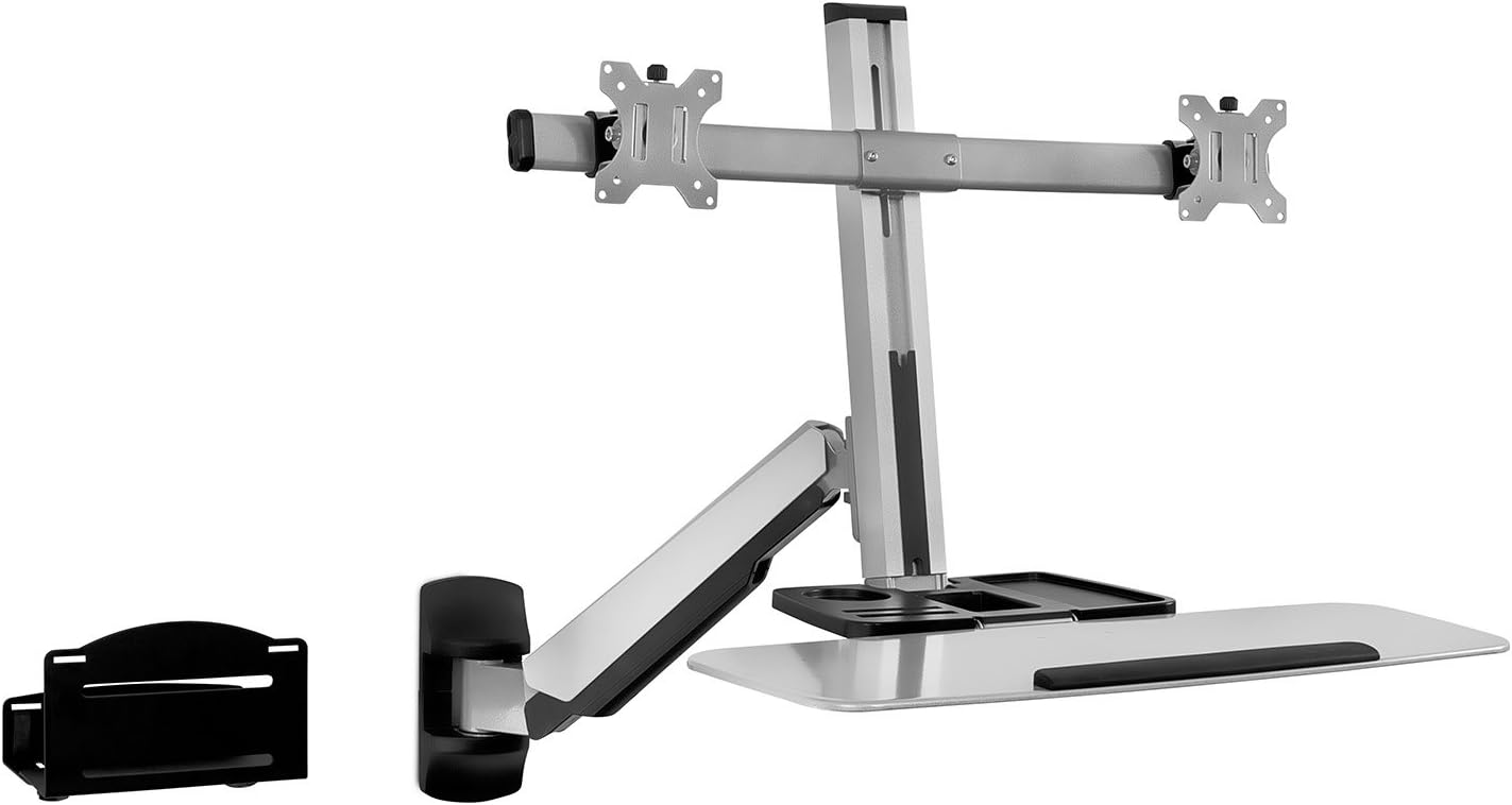 Mount-It! Sit Stand Dual Monitor Wall Mount Workstation & Stand Up Computer Station with Articulating Keyboard Tray Arm and CPU Holder