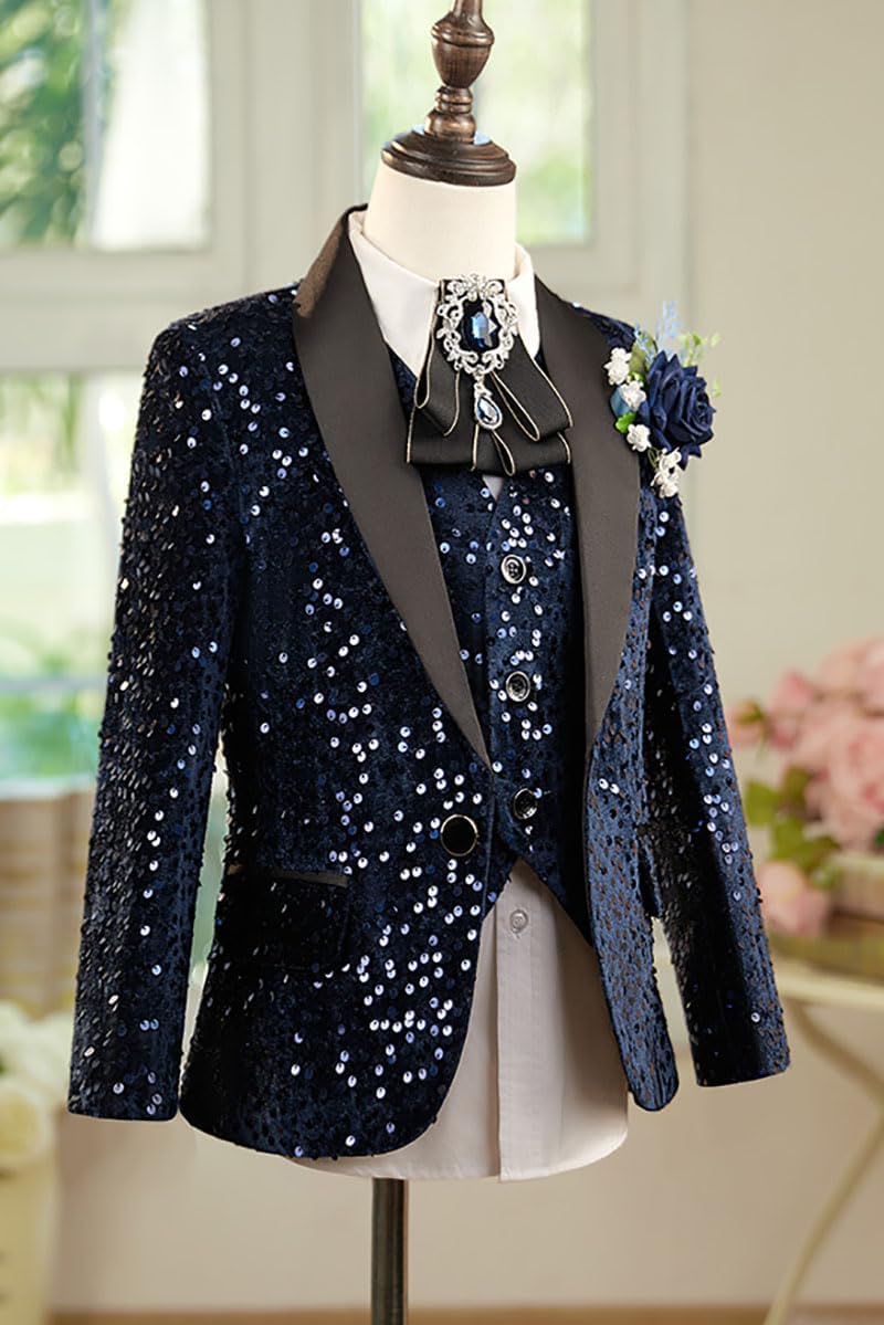 Kids Sparkly Sequin Blazer Formal Jacket Vest Set for Boys Wedding Christmas Party Performance
