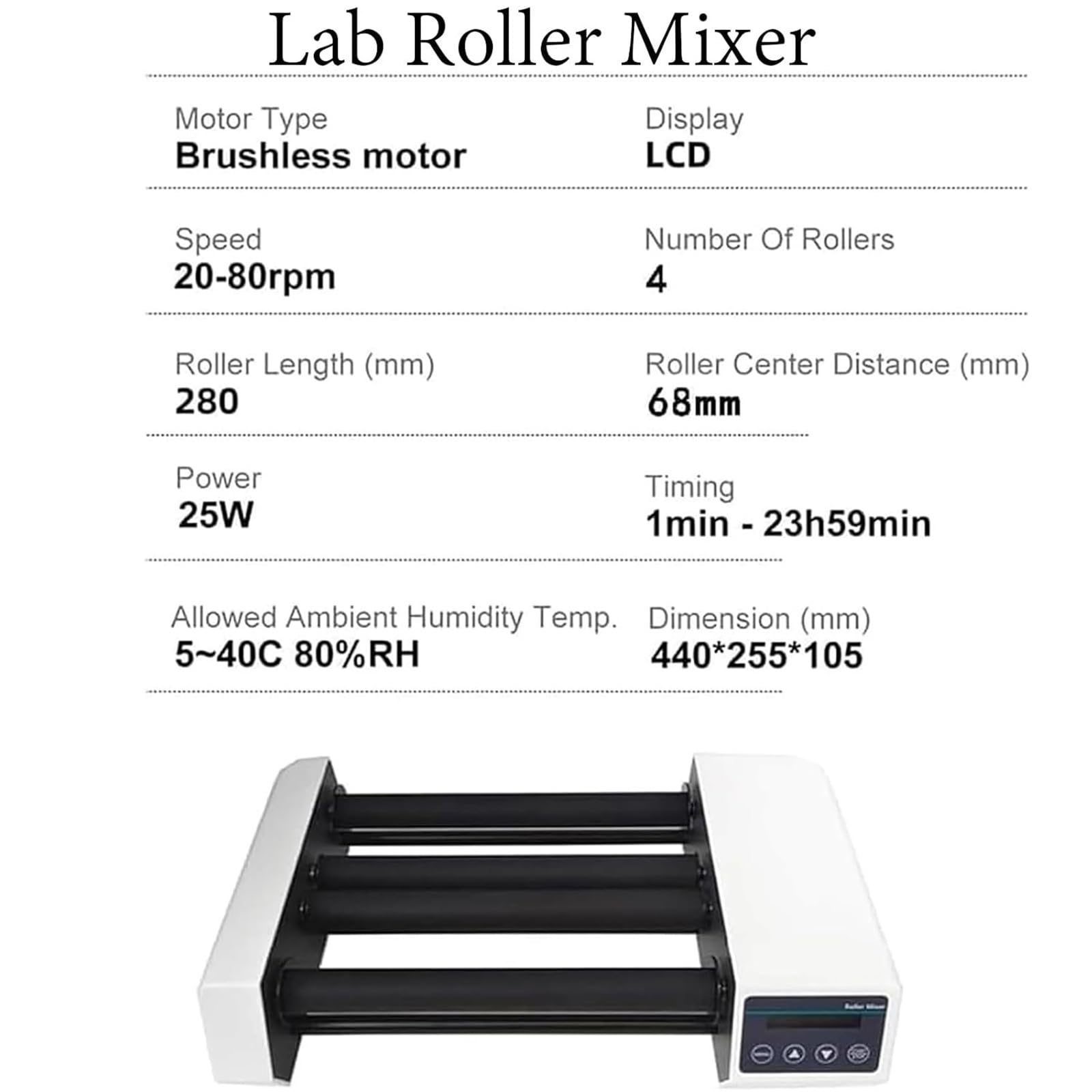 Mezclador de rodillos de laboratorio, agitador de rodillos horizontal | Temporizador digital y velocidad ajustable de 20 a 80 RPM, rodillos de silicona antideslizantes, apto