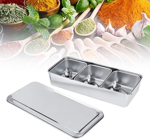 Miniatura 4 de Servidor de condimentos, tarro de condimentos de acero inoxidable de grado alimenticio de 21 onzas con cuchara y tapa, 3 compartimentos extraíbles,