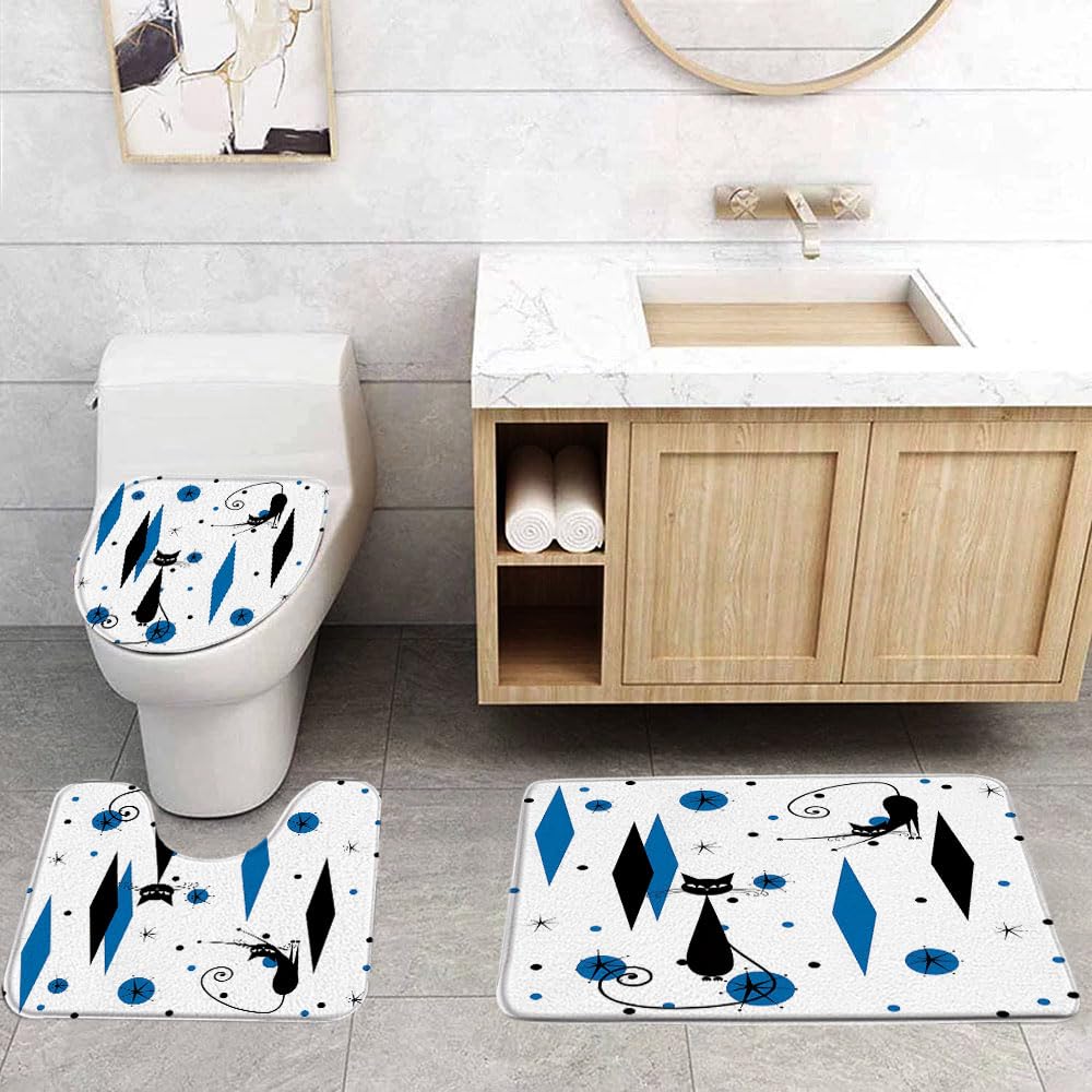 Mid Century Black Cat 3 Pcs Bath Rugs Set,Atomic Starbursts Cat Modern Abstract Geometric Pattern 1950s 60s Retro Bathroom Kitchen Rug with 17.8