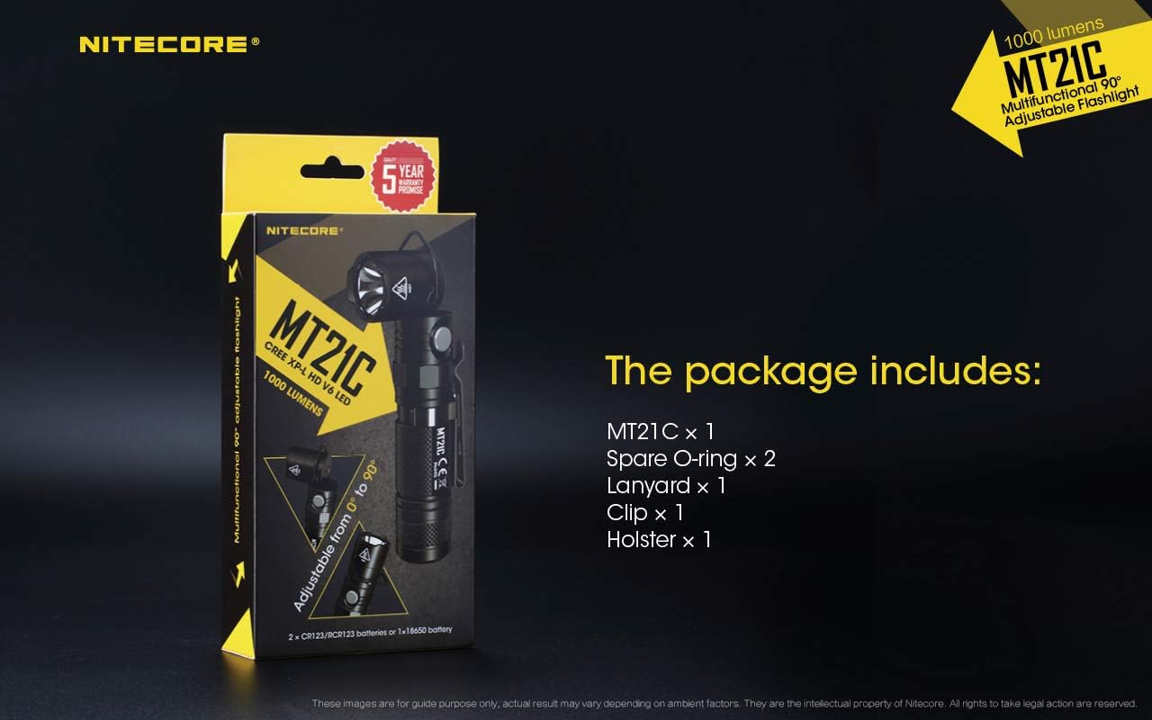EdisonBright Nitecore MT21C 1000 Lumen 90 Degree Tilt-able Head LED Flashlight with 2 X CR123A Batteries Bundle