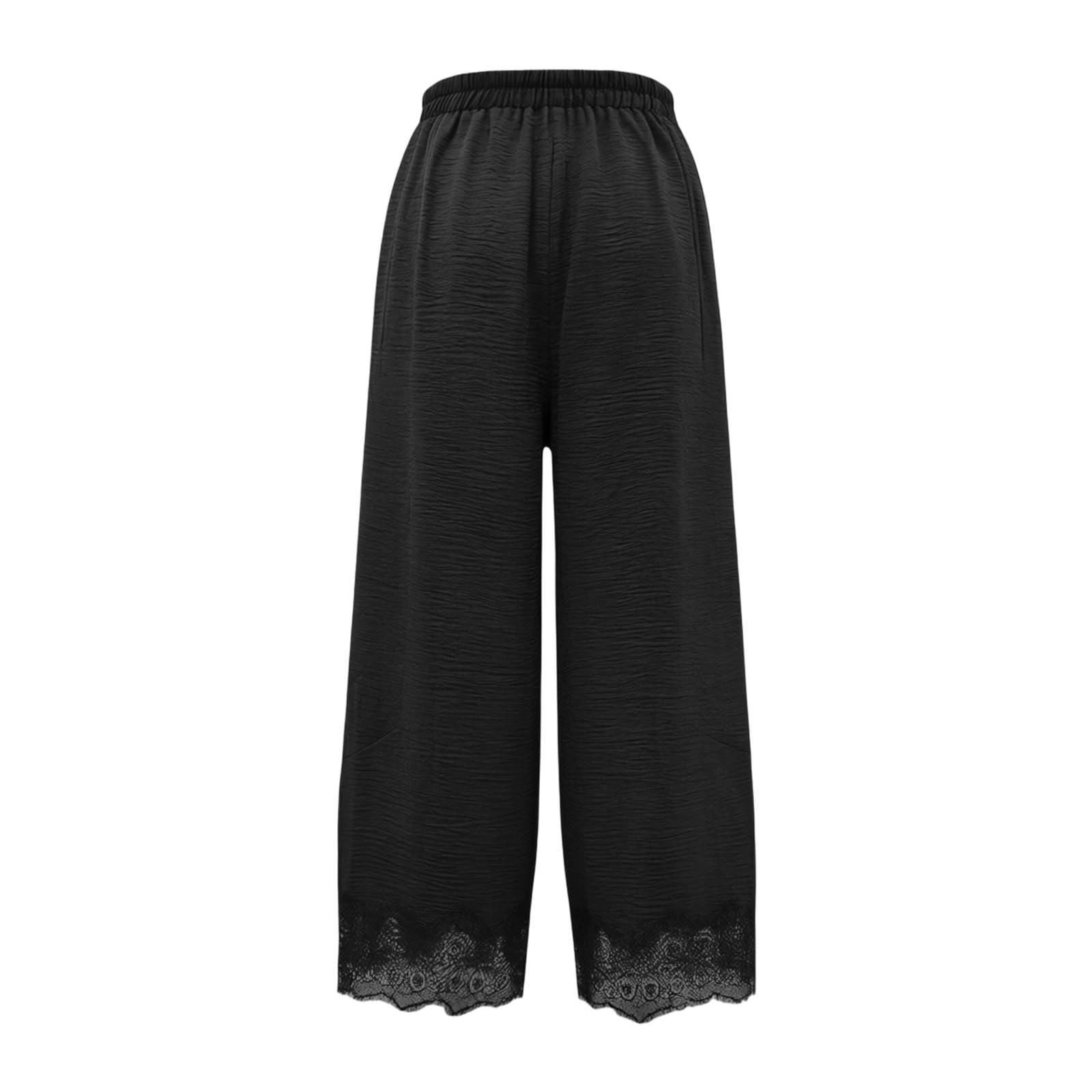 Pantaloni estivi da donna, tinta unita, gamba larga, in pizzo, con pieghe