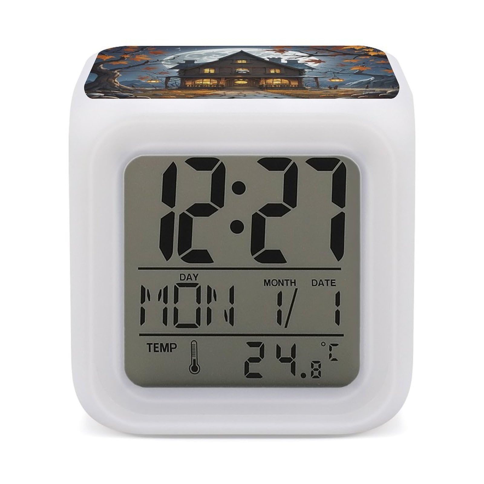 LZQPOEAS Skull Castle Alarm Clock Desk Clock with 7 Color Changing Night Light Digital Clocks with Temperature Display Sleep Training and Sound Machine for Heavy Sleeper