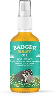 Badger Organic Baby Oil - 100% Natural Vegan Formula for Dry Skin, Cradle Cap & Massage, 4oz Glass Bottle