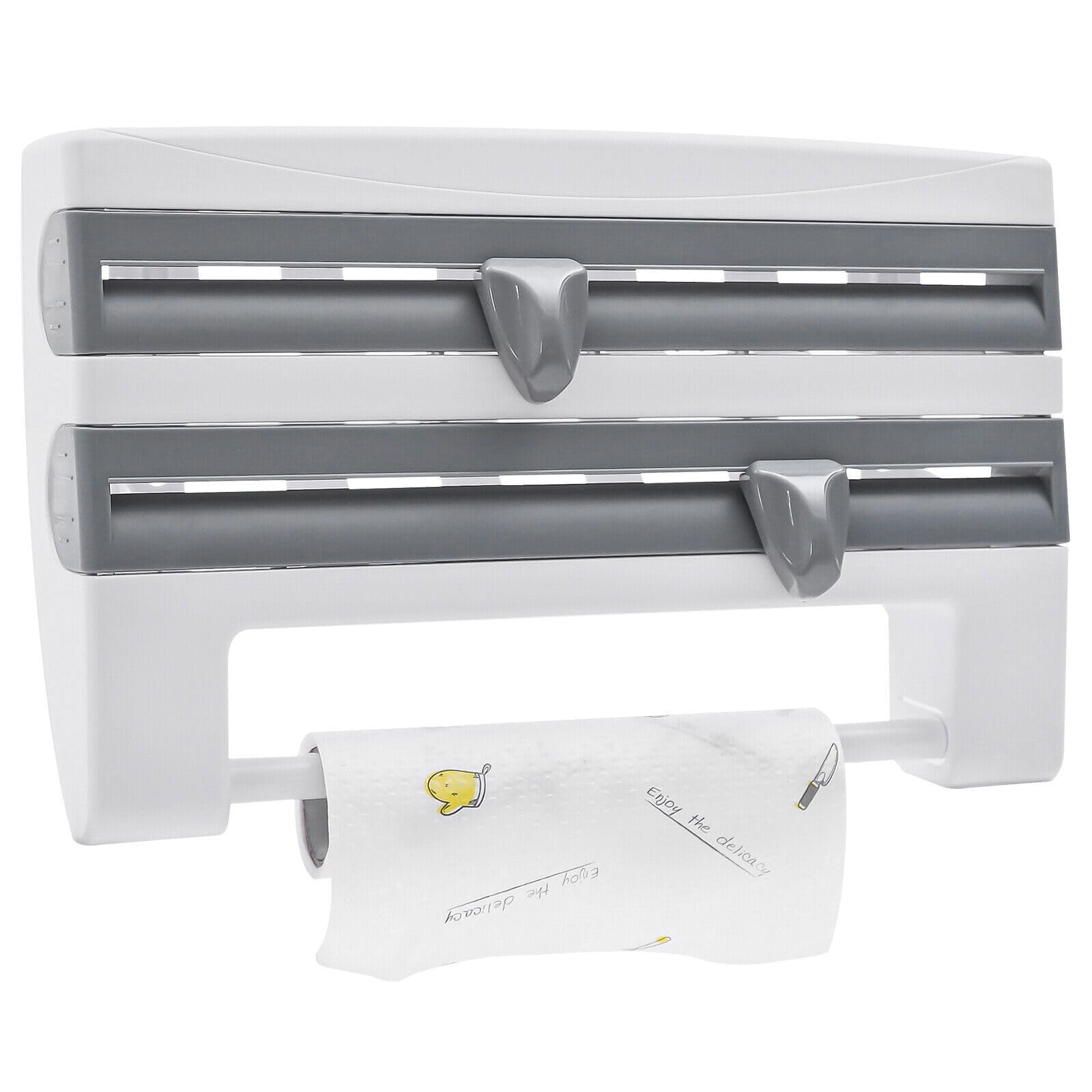 Portarotolo da parete 4 in 1, da parete, con ripiano, dispenser per rotoli da cucina, senza foratura, per pellicola e rullo da cucina