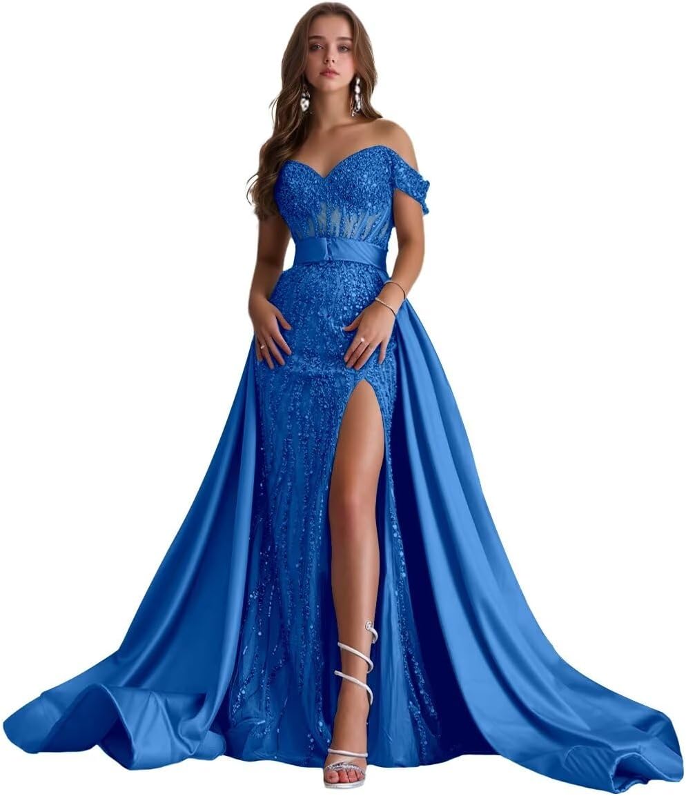 Luxury Beaded Sequins Prom Dresses for Women 2026 with Slit Train Off The Shoulder Evening Gowns